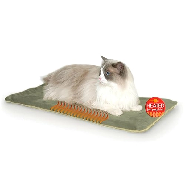 K&H Pet Products Heated Thermo-Kitty Mat, Indoor Heated Cat Bed, Pet Heat Pad for Indoor Cats and Small Dogs, Cat Heating Pad, Electric Thermal Warming Cat Bed Mat, Sage/Tan 12.5 X 25 Inches