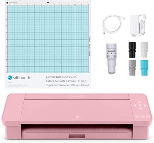 Silhouette America Silhouette Cameo 4 with Bluetooth, 12x12 Cutting Mat, Autoblade 2, 100 Designs and Silhouette Studio Software - Pink Edition (Renewed) - Pink Edition