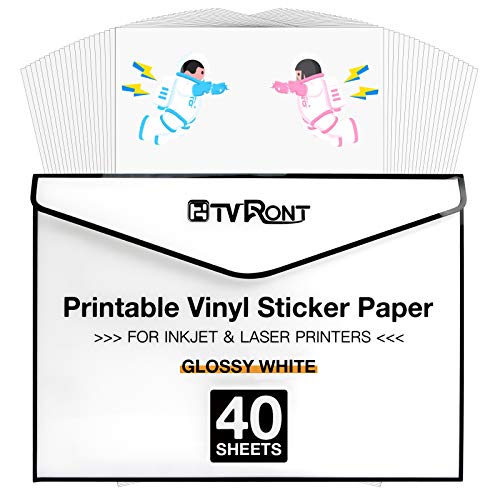 Printable Vinyl for Inkjet Printer & Laser Printer - 40 Pcs Glossy White Inkjet Printable Vinyl Sticker Paper, 8.5"x11" - Glossy White - 40Pack