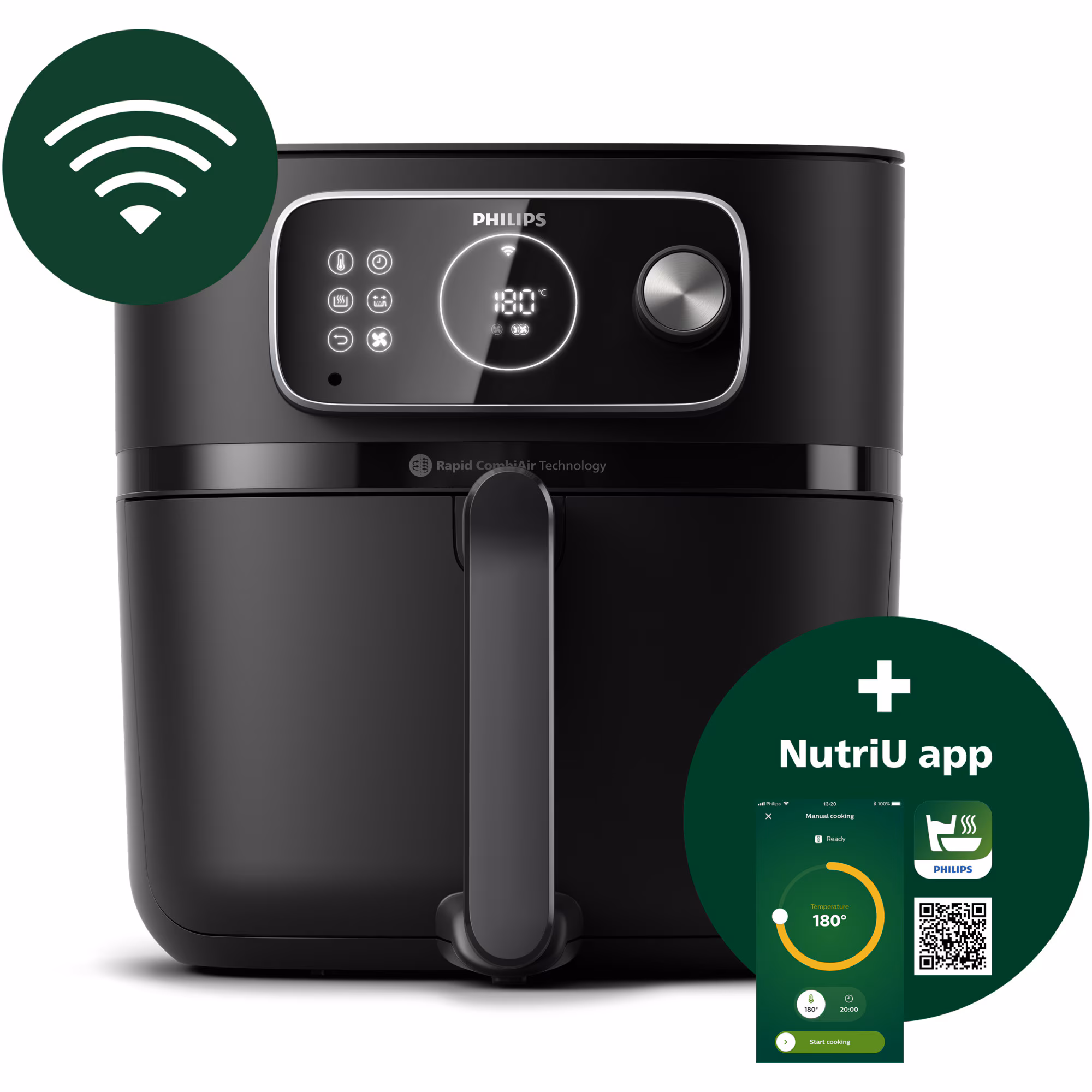 Friteuza cu aer cald Philips HD9875/90, seria 7000 Combi XXL conectat, capacitate XXL de 8.3L, Tehnologia Rapid CombiAir, Programe de gatit automate, Curatare rapida, 22 de functii de preparare, Afisaj intuitiv cu design elegant, Conectat cu NutriU