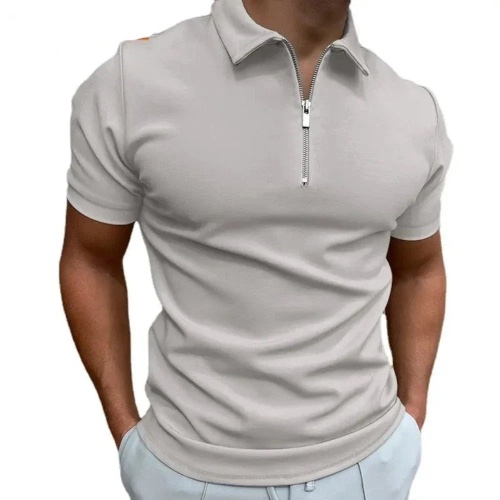 Mens Short Sleeve Zipper Polo Shirt - Light Gray / M
