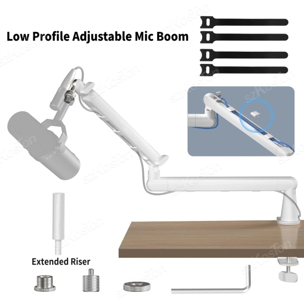 White Microphone Boom Arm Adjustable Low Profile Mic Stand with Extended Riser & Cable Management for SM7B MV7 AM8 K688 HyperX - AliExpress 44
