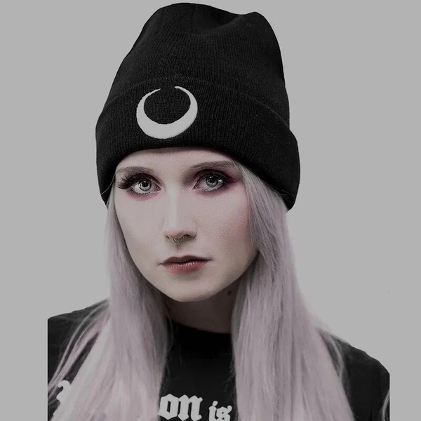 Gothic Moon Black Knit Beanie / Toque Warm Winter Hat