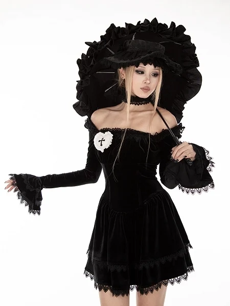 [$105.00]Gothic Black Velvet Off-the-shoulder Neckline Bell Sleeves Dress