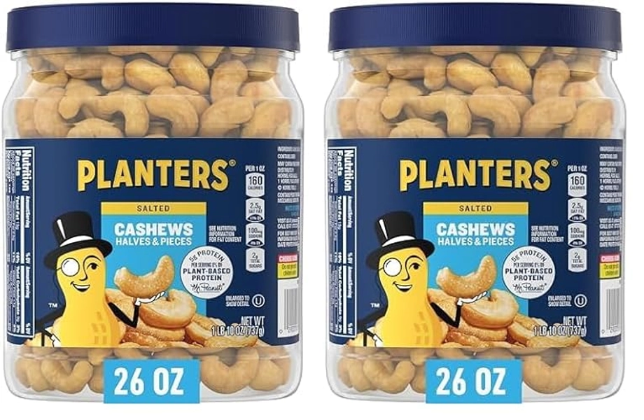 PLANTERS Salted Cashew Halves & Pieces, Party Snacks, Plant-Based Protein, 1LB 10oz Canister (Pack of 2)