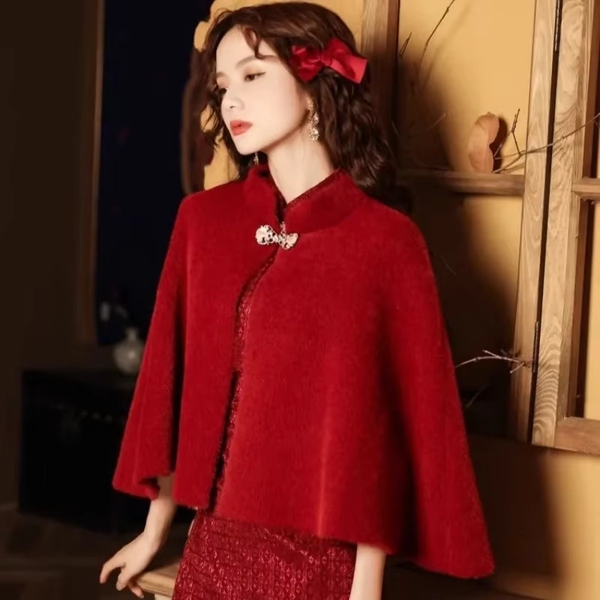 Elegante ropa de abrigo roja gruesa capa con cuello vuelto para boda mamá Otoño Invierno vestido con bandera de alta calidad sin mangas a la moda - AliExpress 200000345
