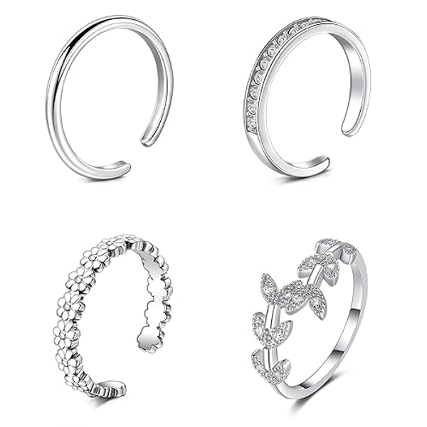 JFORYOU Toe Rings for Women Adjustable Open Toe Rings with Anklet Set CZ Flower Toes Ring for Summer Beach Foot Jewelry