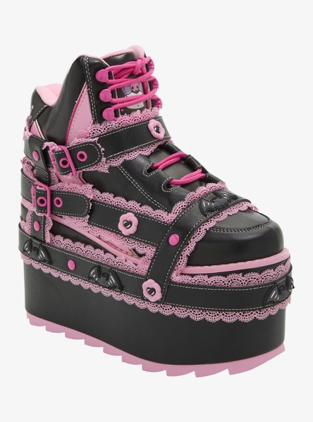 YRU Kuromi Black & Pink Qozmo Strappy Platform Sneakers