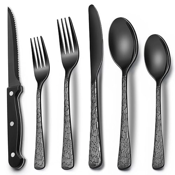 Black Hammered Silverware Set with Steak Knives, 24-Piece Stainless Steel Tree Pattern Flatware Set for 4, Food-Grade Tableware Cutlery Set, Utensil Sets for Home Restaurant, Mirror Finish