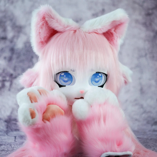 Adorable Pink and White Kigurumi Full-Cover Mask with Matching Hand Paws | Cute Cat Furry Convention Fursona Cosplay Costume