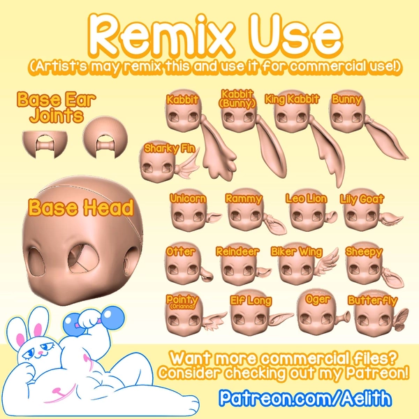 DIGITAL .STL - Additional "Blank Jointed Ear" Head for Kabbit - 26-28cm - 3D Printed Ball Jointed Doll Base - Make your Own BJD Base