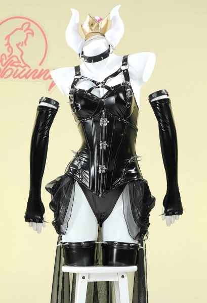 Hime Derivative Sexy Dessous Set schwarzer Bodysuit Chiffonrock mit Bund Ohrringen Cosplay Kostüm