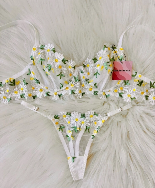 White Mesh Daisy Floral Lace Lingerie, Embroidery, Gift for her,  Bridal Gift