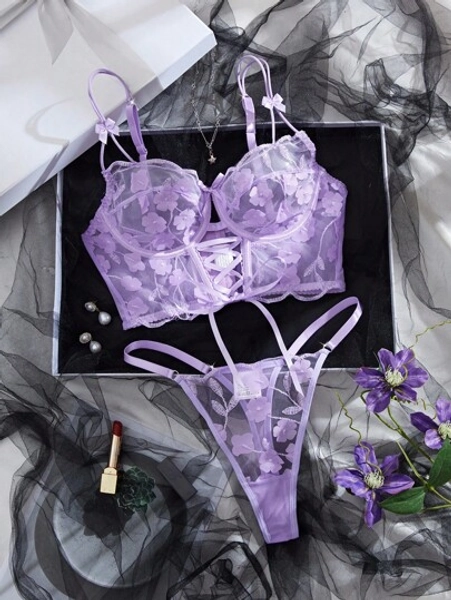 2pcs Romantic Embroidered Front Hollow-Out Underwire Bra Set Purple Lingerie Set Floral Lingerie Set Lace Lingerie Set See Through Lingerie Set Birthday Lingerie