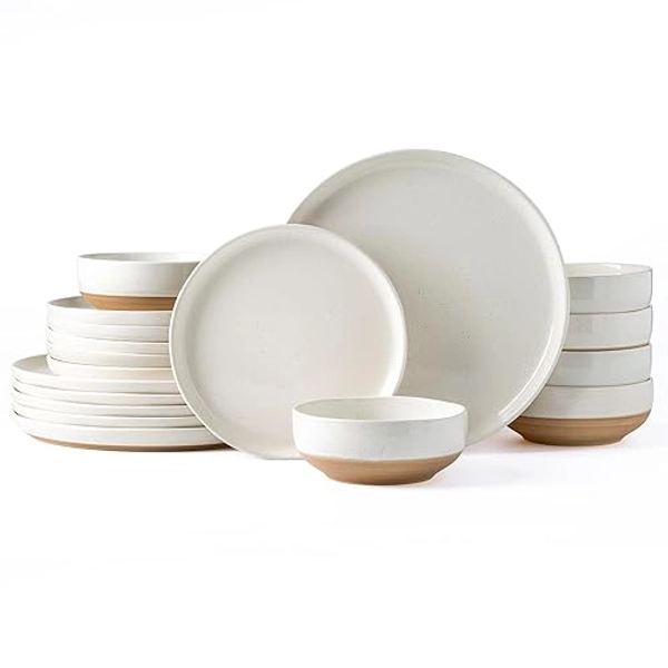 AmorArc Ceramic Dinnerware Sets for 6, 18 Pieces Handpainted Plates and Bowls Set with Rustic Terracotta Underside, Scratch Resistant Stoneware Dishes Set, Dishwasher & Microwave Safe,Light Beige