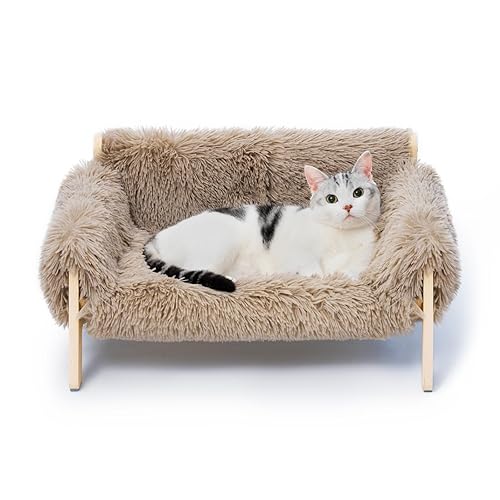 MEWOOFUN Large Cat Bed Sturdy Wooden Leg Raised Cat Sofa Bed Kitten Bed for Indoor Cats - Soft Cat Couch with Removable Cover Hold up 15kg, 56x45cm Brown