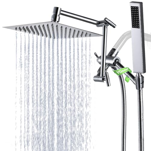 All Metal Rain Shower Head with Handheld Spray Combo, YDmeet 8 Inch Rainfall Shower Head, Stainless Steel Handheld Wand, 3 Way Diverter, Adjustable Extended Arm, 71" Long Hose, Polished Chrome. - 8 Square - Chrome