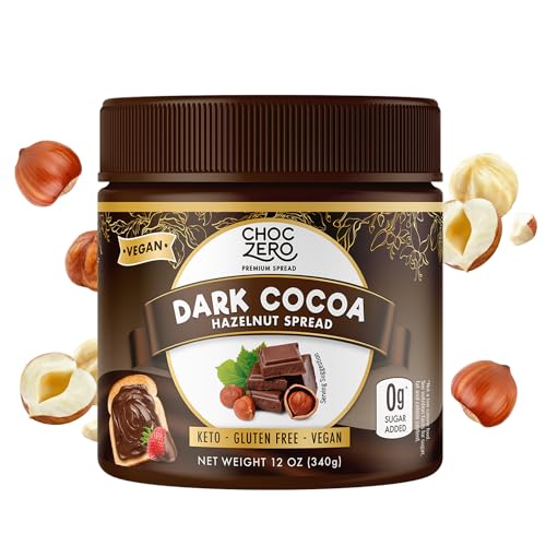 Vegan Cocoa Hazelnut Spread by ChocZero - Keto Friendly, Sugar Free Dessert and Keto Bread Topping - Low Carb Chocolate (1 jar, 12 oz) - Dark Chocolate Hazelnut Spread