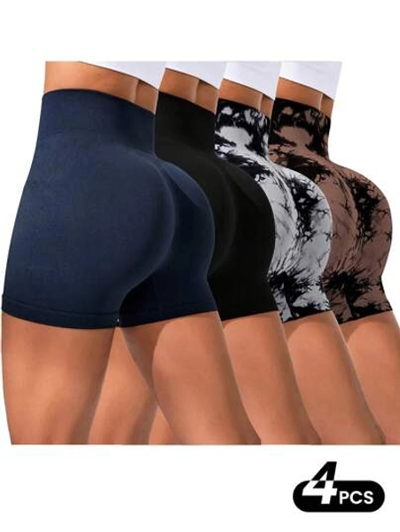 Easithlete 4pcs/Set Plus Size Women's Tie Dye Solid Color Casual Shorts