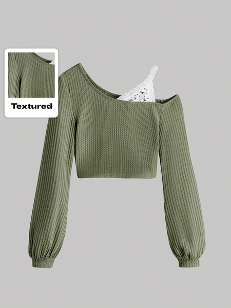 ROMWE Fairycore Contrast Lace Asymmetrical Neck Tee