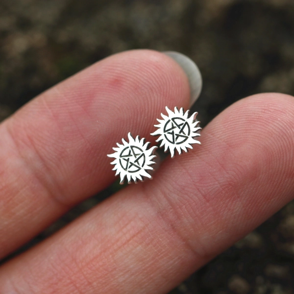 sterling silver Anti-Possession Pentacle stud earrings,silver Sun earrings,The Supernatural Jewelry Pagan earrings,Witchcraft earrings