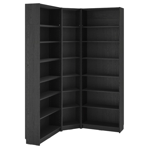 BILLY Bookcase corner comb w ext units - black oak effect 136/136x28x237 cm