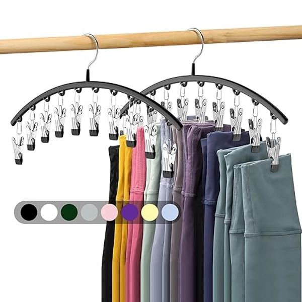 Legging Organizer for Closet, Metal Yoga Pants Hangers 2 Pack w/10 Clips Holds 20 Leggings, Space Saving Hanging Closet Organizer w/Rubber Coated Closet Organizers and Storage, Black
