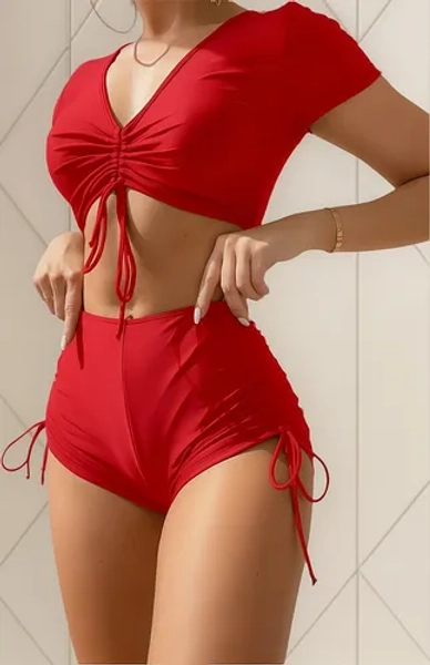 Conjunto Malla Vikiny Playero Sexy Minishort+top Frunce Regu