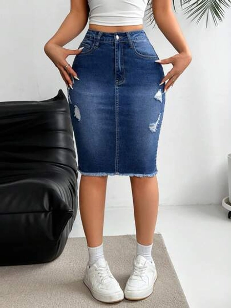 EMERY ROSE Summer Casual Distressed Frayed Hem Slim Fit Denim Skirt