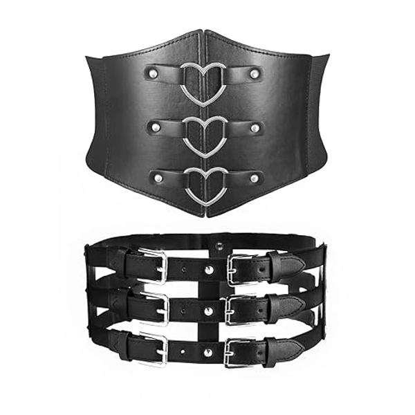 MILAKOO Retro PU Leather High Waist Belt for Women Wide Elastic Stretch Waistband with Alloy Bucket Heart Ring Waspie Waist Belt Lace-Up Tied Punk Gothic Raven Belt Fake Croset for Carnival Dress