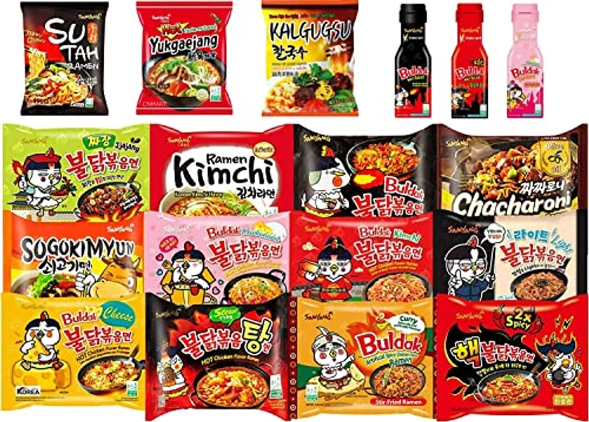 CNMART Samyang Hot Chicken Buldak Ramen HALAL/Pack of 10 Instant Noodles + 1 Free Bottle Samyang Sauce - [Assorted 10 Different Flavours Case]