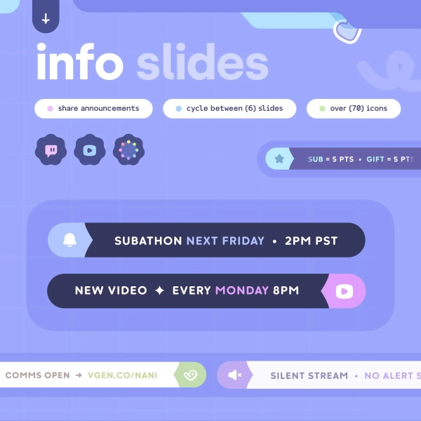 Info Slides & Announcement Widget ⟢ (6) Info Rotating Slides • Over (70) Icons • Customizable ⋮ Twitch Youtube Streamelements OBS