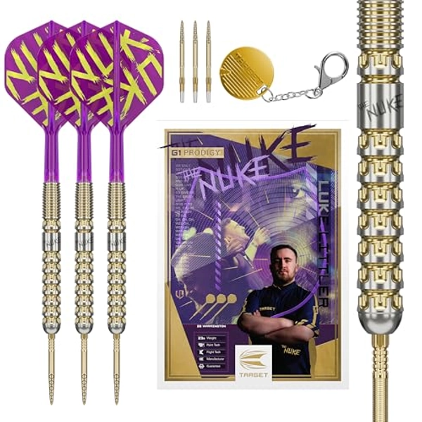 TARGET Darts Luke Littler Gen 1 Prodigy Steel Tip Swiss Point Darts, 90% Tungsten Darts, 23G | Generation 1 Gold Steel Tip Darts, Player Edition Swiss Points Dart Sets, K-Flex Flights and Shafts