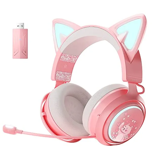 SOMIC Cat Ear Kopfhörer, 2.4GHz Wireless Gaming Headset für PS4/5, PC, Bluetooth,für Smartphone, Einziehbares Mikrofon, RGB Beleuchtung, 7.1 Surround Sound, Nette Katze Ohr für Mädchen