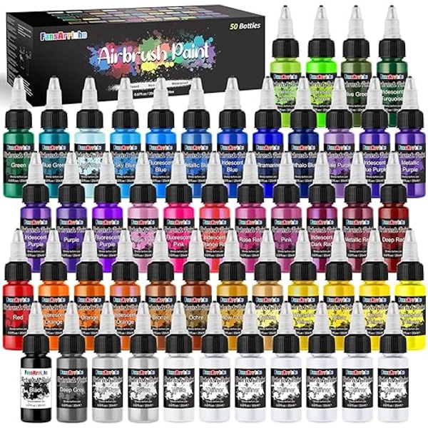 FansArriche Peinture aérographe 44 couleurs + 6 diluants - Kit de pinceaux acryliques opaques et néons - Couleurs nacrées - Pour débutants, artistes, projets de bricolage - 20 ml/bouteille