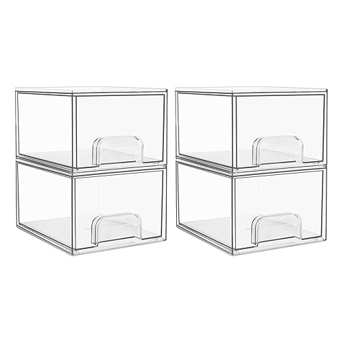Vtopmart 4 Pack Clear Stackable Storage Drawers, 4.4'' Tall Acrylic Bathroom Makeup Organizer,Plastic Storage Bins For Vanity, Undersink, Kitchen Cabinets, Pantry, Home Organization and Storage - 4