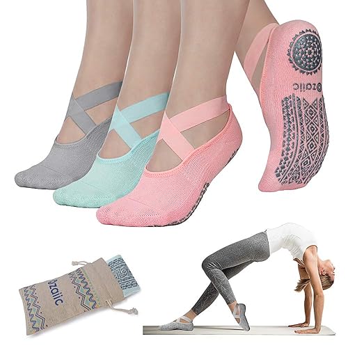 Ozaiic Yoga Socks for Women Non-Slip Grips & Straps, Ideal for Pilates, Pure Barre, Ballet, Dance, Barefoot Workout - One Size - Grey/Green/Pink