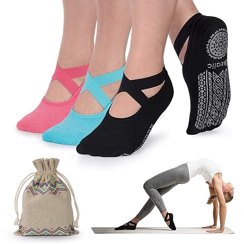 Ozaiic Yoga Socks for Women Non-Slip Grips & Straps, Ideal for Pilates, Pure Barre, Ballet, Dance, Barefoot Workout - One Size - 3 Pairs-black/ Watermelon Red/ Blue