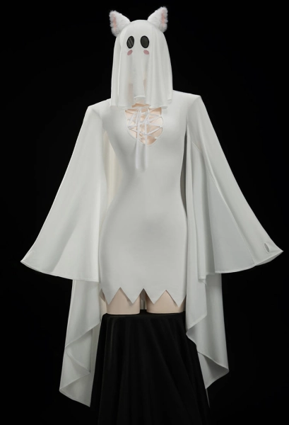Sexy Ghost Lingerie Halloween Costume Irregular Dress with Stockings and Ears