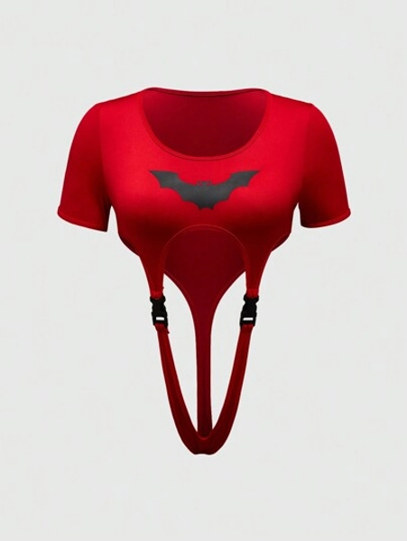 ROMWE Goth Gothic Dark Style Music Festival Bat Print Sexy Bodysuit