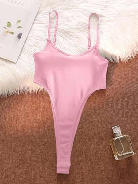 SHEIN EZwear Pink Casual Minimalist Sexy Spaghetti Strap Bodysuit For Women, Suitable For Summer