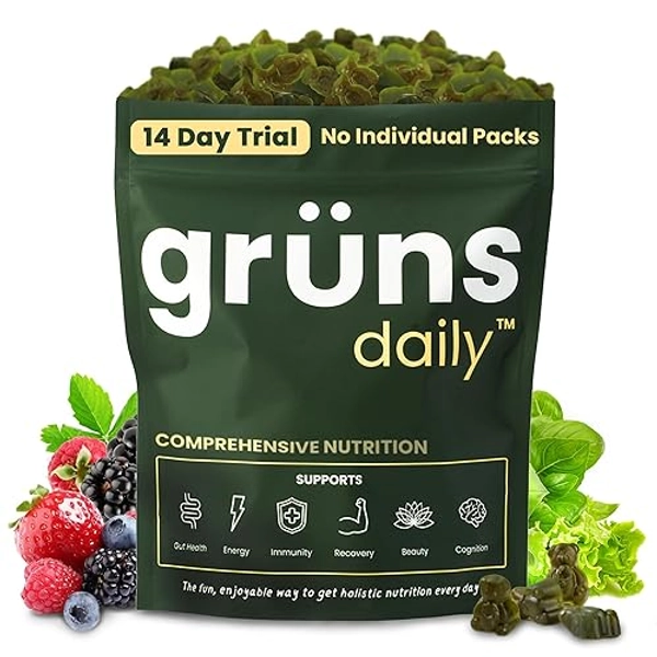 Gruns Adult Super Greens Gummies - Superfood Gummy Bears with Spirulina, Chlorella & Prebiotics for Digestive Health - Adaptogens Supplement with 20 Vitamins & Minerals, Low Sugar- 2-Week Supply