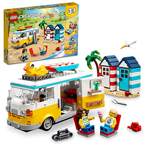 LEGO Creator 3 in 1 Beach Camper Van Building Kit, Transforms from a Campervan to Ice Cream Shop to Beach House, Great Gift for Surfer Boys and Girls, Pretend Play Beach Life, 31138 - Building Set