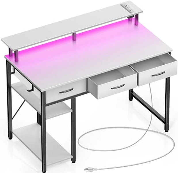Rolanstar Computer Desk with Power Outlets & LED Light, 39 inch Home Office Desk with 3 Drawers and Storage Shelves, Writing Desk with Monitor Stand, Work Desk for Home Office,White