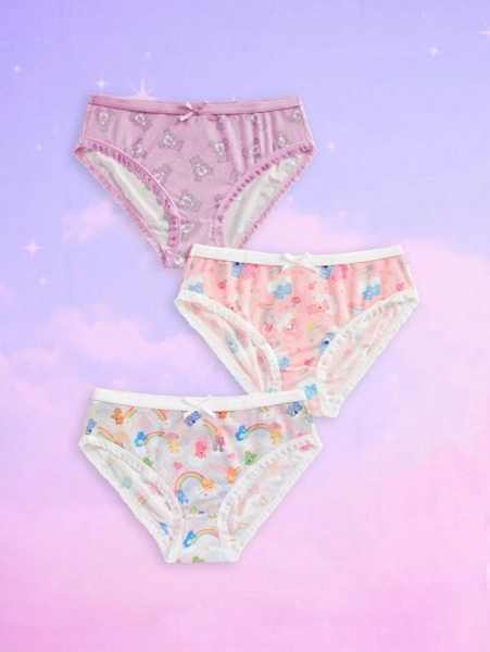 ROMWE X Care Bears 3pcs/Pack Women's Cartoon Bear Printed Lace Trim Triangle Panties