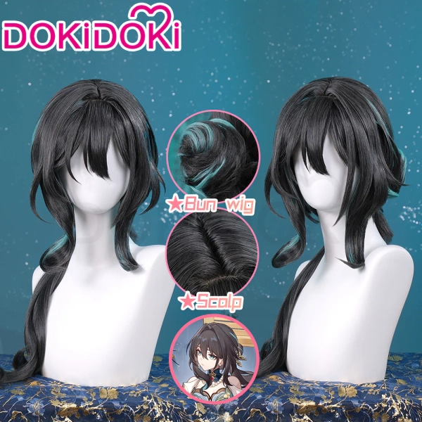 【Ready For Ship】DokiDoki Game Honkai: Star Rail Cosplay Ruan Mei Wig Long Curly Black Blue Highlight Hair Ruanmei | Wig Only-Ready For Ship