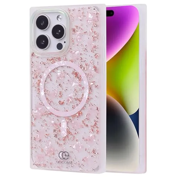 Cocomii - Rectangle Case Compatible with iPhone 15 Pro Max - Compatible with MagSafe, Exquisite Opalescent Pink Pearl Protective Phone Case, Rose Gold Foil Glitter, Shockproof - Morganite