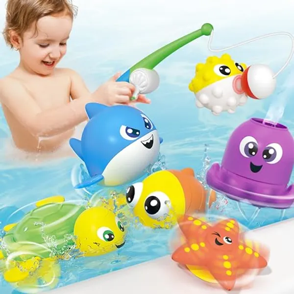 JOYIN Baby Bath Toy Set - Magnetic Fishing Toy with Fishing Rod, Soft Puffer & Clown Fish, Spinning Octopus and Starfish, Wind-up Shark and Turtle - Sensory Development for Infants & Toddler