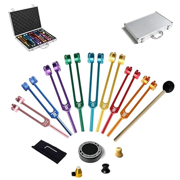 MIMIRACLE Chakra Tuning Fork Set - 1 Soul Purpose & 7 Chakra Weighted Solfeggio Forks with Activator, Mallet, Base, and Aluminum Box
