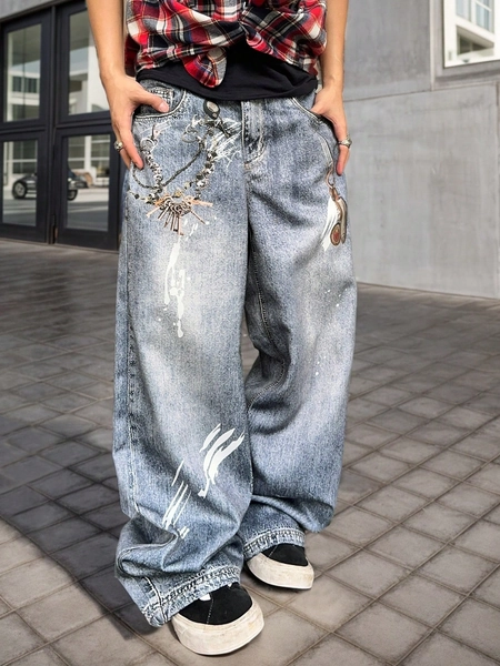 Manfinity EMRG Men's Casual Denim Effect Printed Wide Leg Pants, Long Vacation Light Blue Pants, For Husband, Boyfriend Gifts